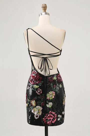 Black Flower Bodycon Sequin One Shoulder Cocktail Dress